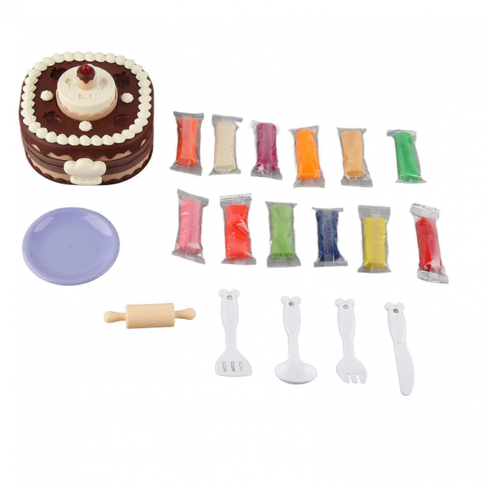 Brown Color Dough Toys Birthday Cake Playset with Molds and Kitchen Tools for Kids Pretend Chef Game-image-OPC-PJYTYS5-NEW
