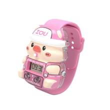 Cartoon Piggy Watch with Colored Lights LCD Screen Adjustable Strap for Toddlers Pink