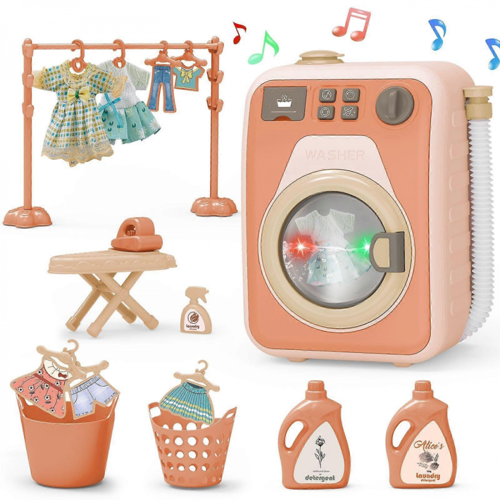 Mini Kids Washing Machine Toy with Lights, Hangers, Basket & Rotating Drum for Pretend Play-image-OPC-PJYTZZB-NEW