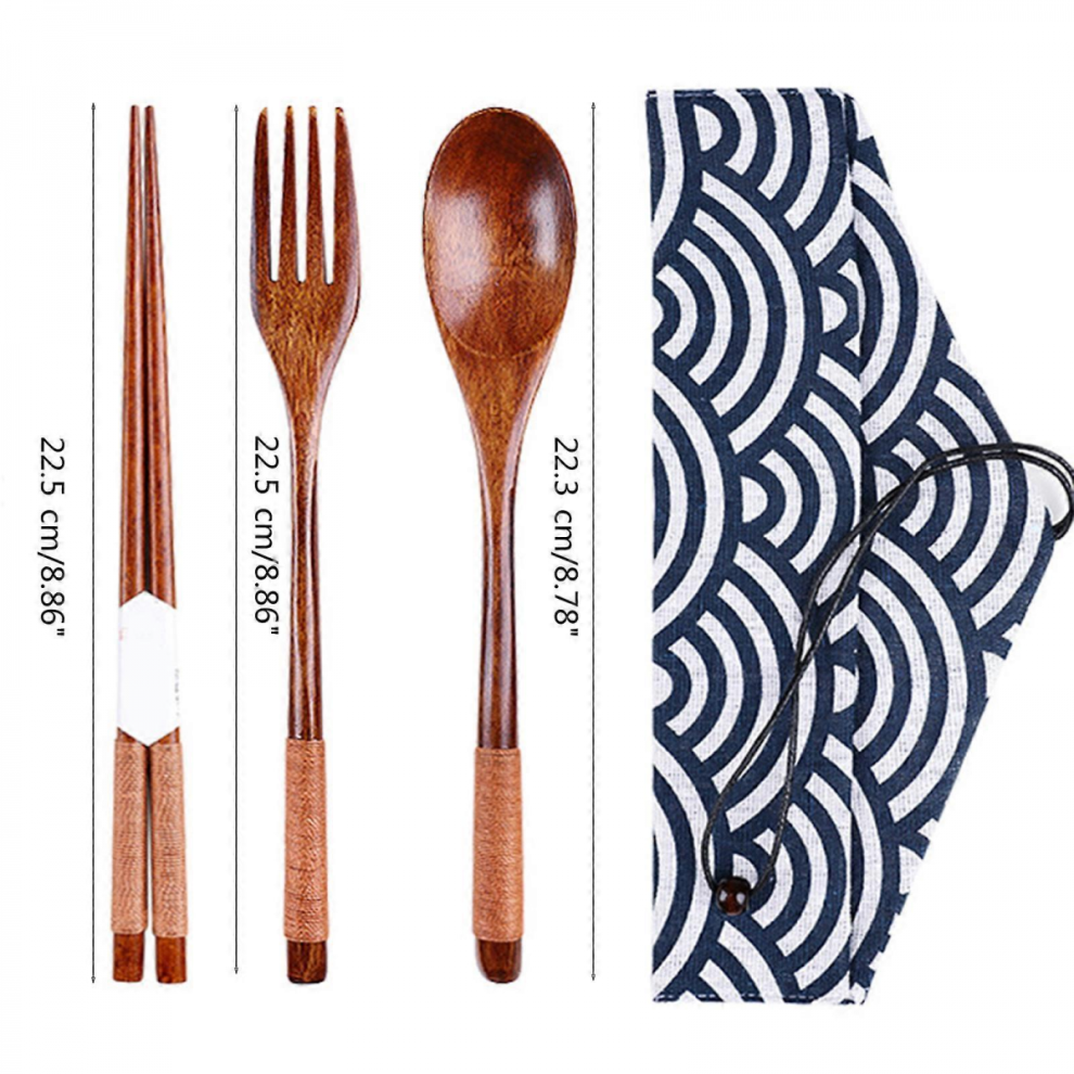Japanese Style 3-Piece Wooden Cutlery Set with Oriental Pouch-image-OPC-PJYV2S8-NEW