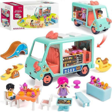 Dollhouse Car Toys for Girls 3 4 5 6+ Years, Food Truck Dream House Playset with Dolls and Accessories