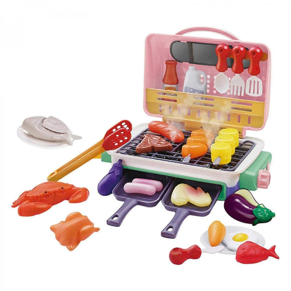 Pink Magnetic Tiles Kids BBQ Grill Toy Kitchen Set with Light Sound Color Changing Food-image-OPC-PJYV5T7-NEW