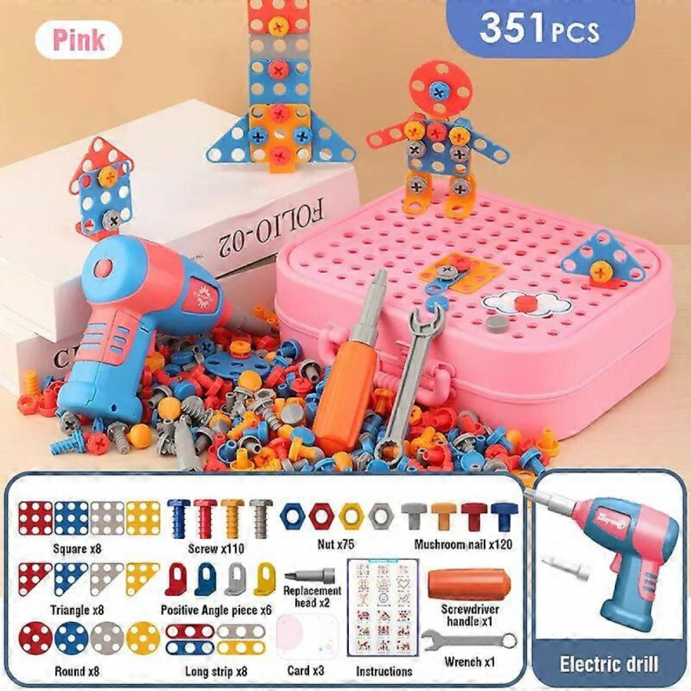 Red 351pcs Kids Electric Drill Screw Nut Puzzles Toys Pretend Play Tool Disassembly Assembly 3D Puzzle Gifts for Boys-image-OPC-PJYV8CW-NEW