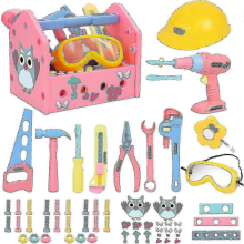 Pretend Play Construction Tool Set with Tool Box, Tape Measure, Electric Drill, Hammer, and Hat