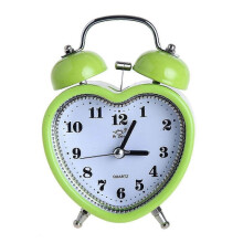 (Light green) Heart Shape Bell Alarm Clock No Ticking Silent Night Light For Time Clocks