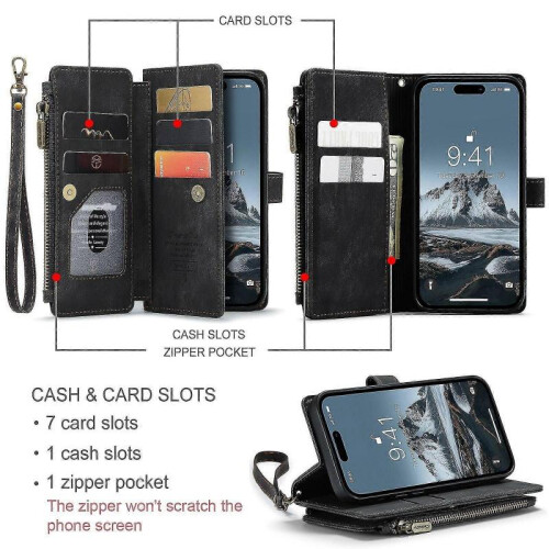 (Black) Multifunctional Leather Case For iPhone 15 Pro 2