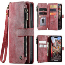(Red) Multifunctional Leather Case For iPhone 15 Pro