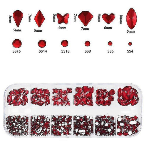 3 Box 12 Grid Mixed Flat Bottom Glass Shaped Drill Diy Design Manicure Tools Red 1