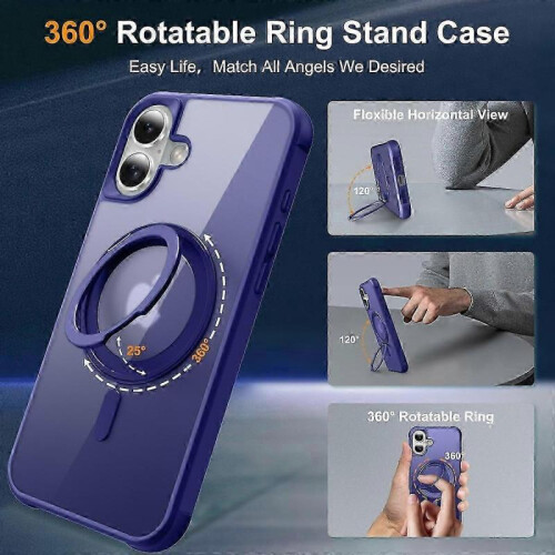 (Blue) For iPhone 16 Plus Case Compatible with MagSafe Rotatable Ring Kickstand TPU+PC Phone Cover 1