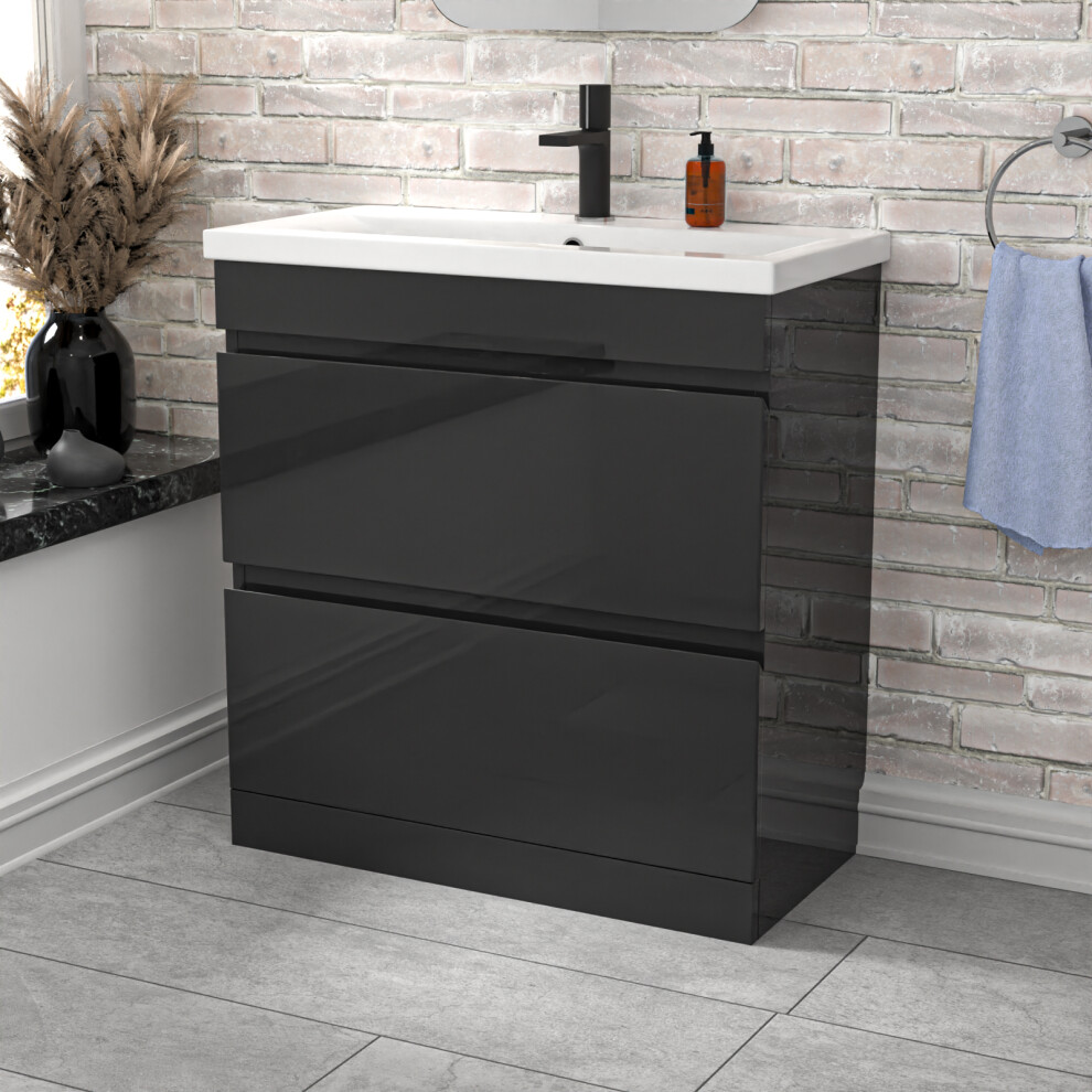 Nes Home Dark Grey 800mm 2 Drawer Vanity Cabinet & Basin Sink Floorstanding