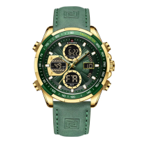 (Gold Green) Mens Leather Military Sport Waterproof Watch Quartz Chronograph Wristwatch