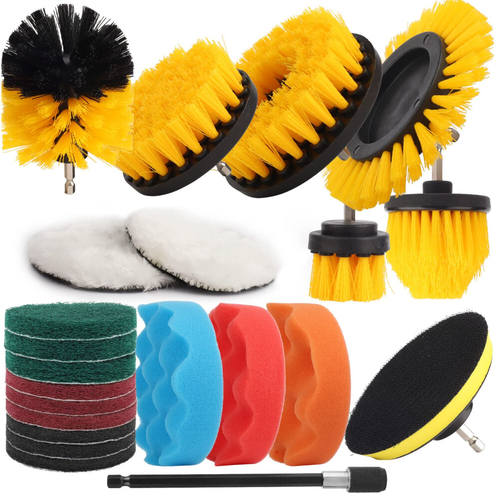 22 Pcs Drill Brush Set, Drill Scrubber Brush Kit Includes All Purpose Drill Brush, Scrub Pads & Sponge With Extend Attachment, Buffing Pads For Car S 719358786015