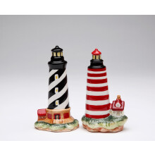 Cosmos Gifts 10480 Fine Ceramic Lighthouse Salt & Pepper Shakers, Black Striped & Red Striped, 4 in tall