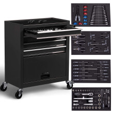 AREBOS workshop trolley | 4drawers incl. 81pcs. tools + large compartment | incl. anti-slip mats | drawers with ball bearings | transport lock | black