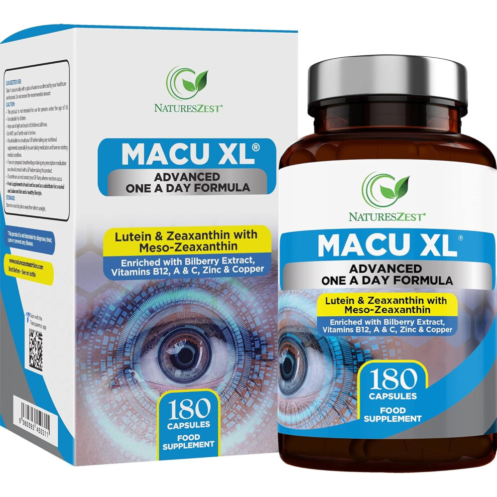 Macu XL - Lutein and Zeaxanthin Supplement - 6 Month Supply with Meso Zeaxanthin, Bilberry Extract, Vitamins A, B12 & Zinc, 180 Vegan Capsules