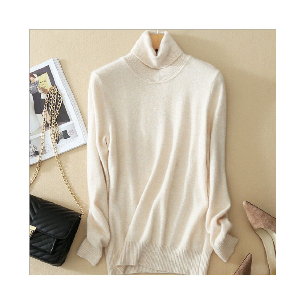 (Beige, XL) Womens Slim Winter Sweater Knitted Turtleneck Soft Cashmere Wool Pullover Jumper