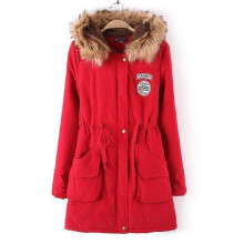 (Red, 2XL) Warm Long Womens Coat Fur Collar Hooded Jacket Fashion Slim Winter Parka Gift