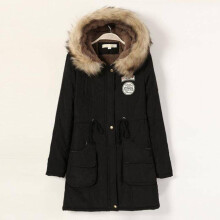 (Black, XL) Warm Long Womens Coat Fur Collar Hooded Jacket Fashion Slim Winter Parka Gift