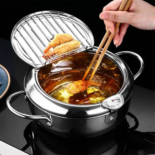Ιαπωνικό τηγάνι Tempura με θερμόμετρο και καπάκι, βαθύ τηγάνι 2