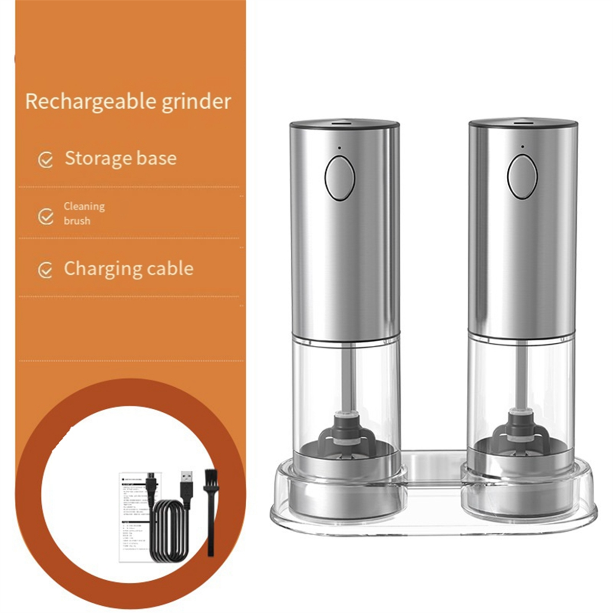 Ensemble De 2 Moulins à Sel Et Poivre électriques Rechargeables USB-C - Broyage Réglable (fin/grossier) - Fonction Une Main - Avec Base De Rangement