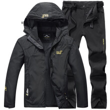 (Black, M) Fishing Men Suit Set Hooded Jacket And Pants Outdoor Hiking Sports Suit Camping