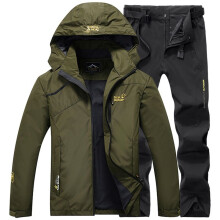 (ArmyGreen, M) Fishing Men Suit Set Hooded Jacket And Pants Outdoor Hiking Sports Suit Camping