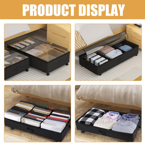 Under Bed Clothes Storage Bag With Wheels Clear Window 3-Grid Clothes Storage Container 2