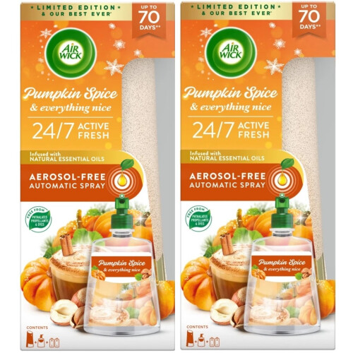 Air Wick 2 x Air Wick Active Fresh 24/7 Automatic Spray Diffuser Unit + Pumpkin Spice & Everything Nice Refill 228ml