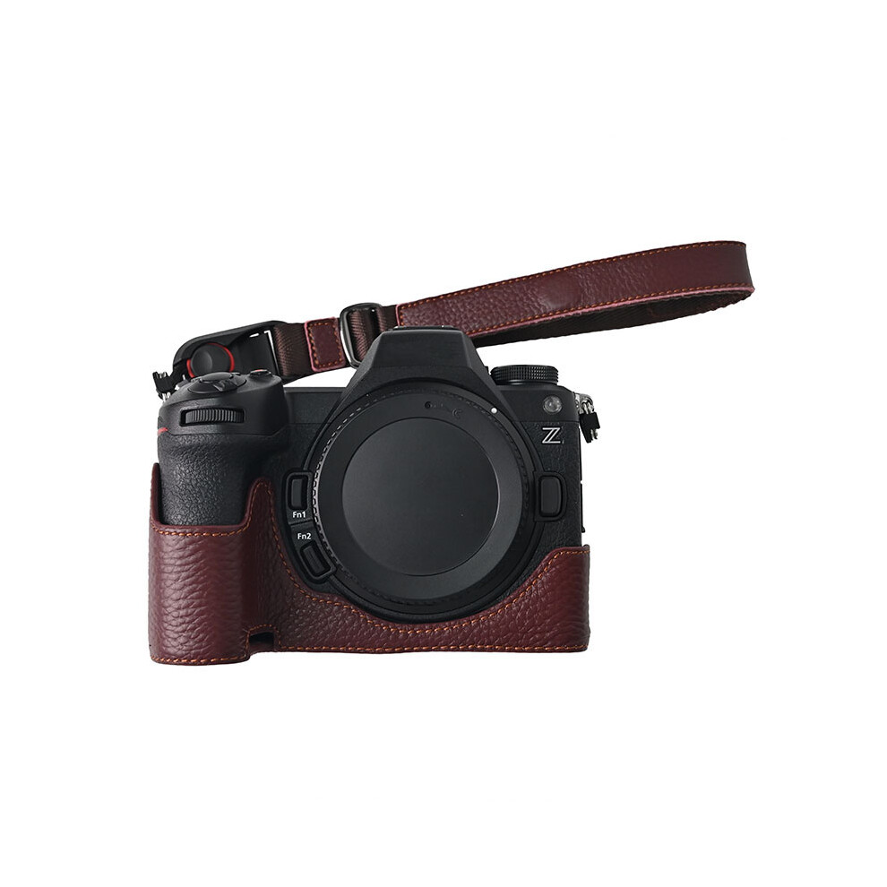 (Coffee) For Nikon Z6 III Camera Case Large Opening Genuine Cow Leather Protector with Wrist Strap-image-OPC-PJZ7N5M-NEW