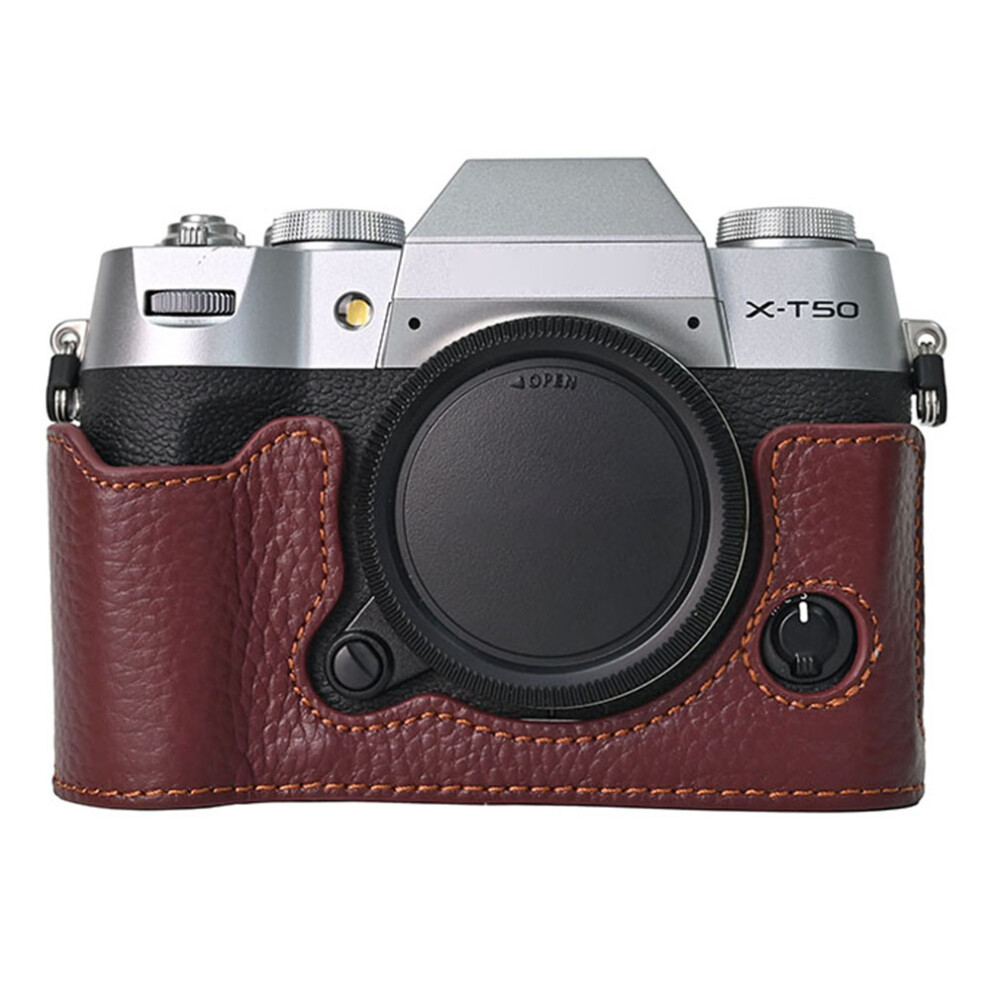 (Coffee) For Fujifilm X-T50 Camera Bottom Cover Case Large Opening Design Genuine Cow Leather Protector-image-OPC-PJZ7PNB-NEW