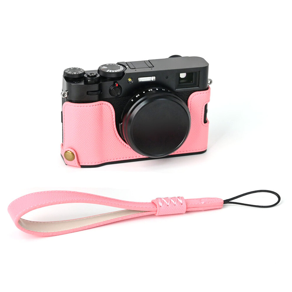 (Pink) For Fuji X100V Battery Opening Design Palm Texture PU Leather Camera Case Half Body Bottom Case with Wrist Strap-image-OPC-PJZ7QNP-NEW
