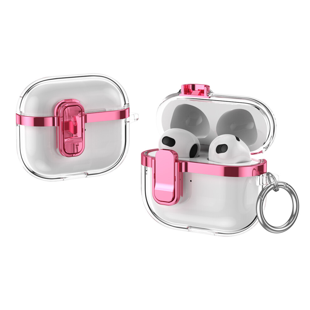(Pink) For Apple Airpods 3 Case With Lock Buckle Tpu + Pc Clear Electroplated Earphone Cover With Hook Pink 6914282874652