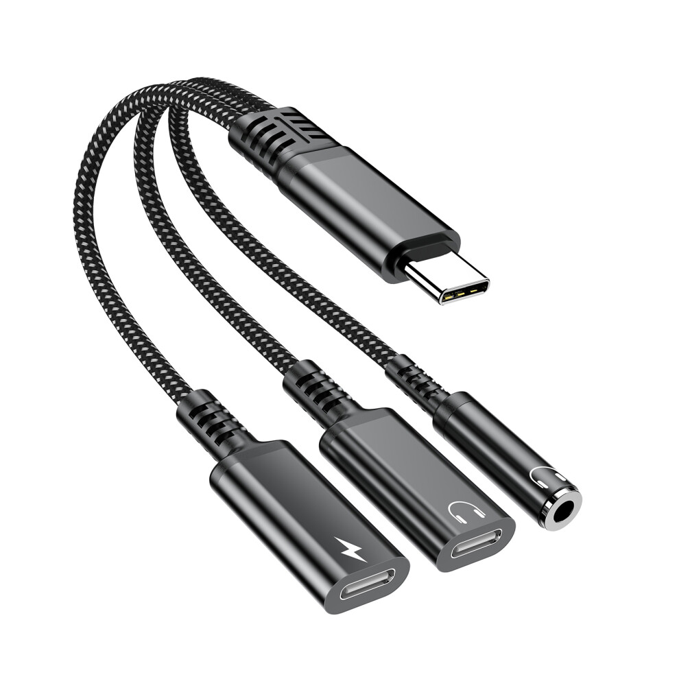 60W Type-C To 3.5Mm + Type-C Headphone + Type-C Pd Fast Charging Adapter 3 In 1 Audio Converter - Black 6914281416877