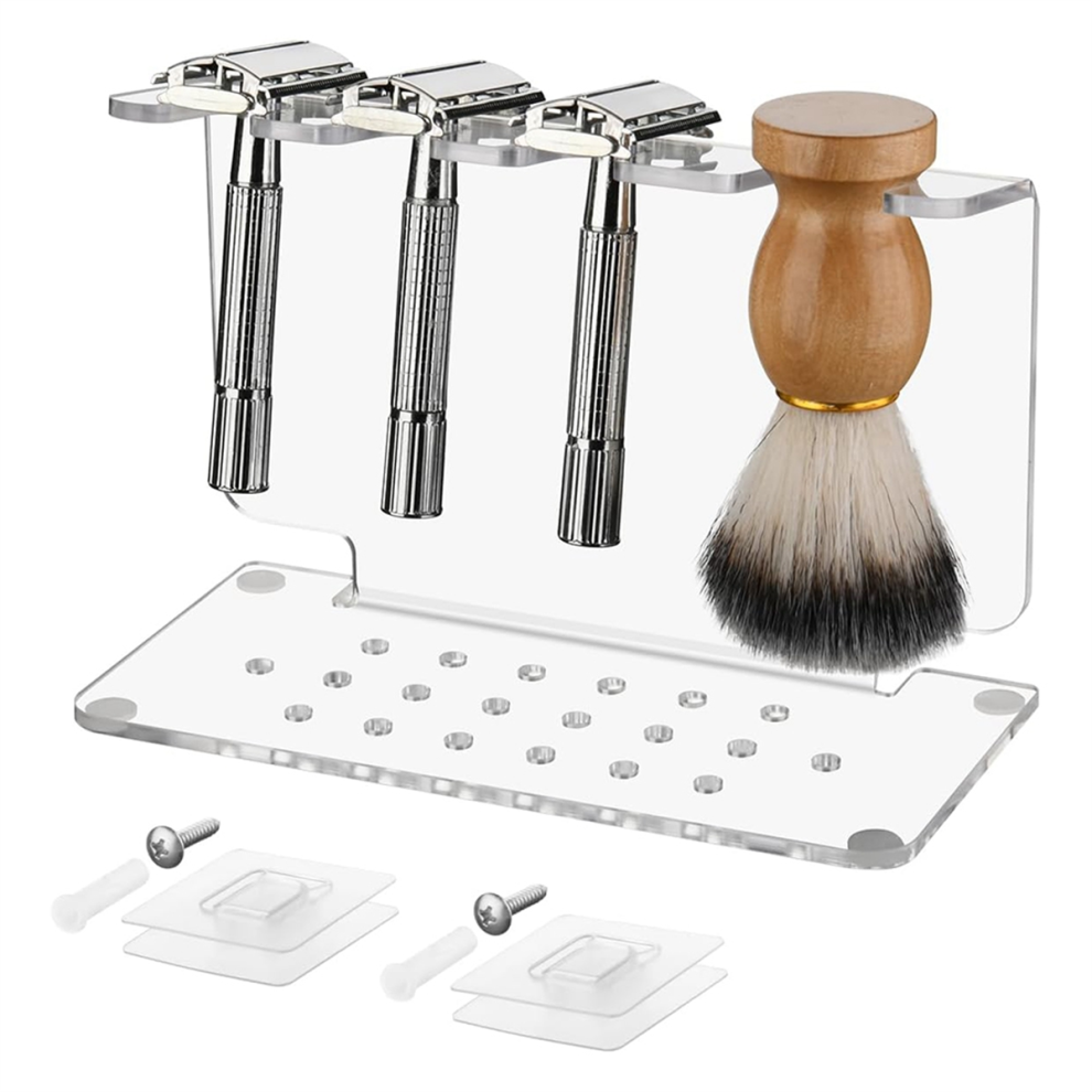 Acrylic and Brush Stand Clear Holds 3 Razors 1 Brush