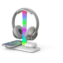 Casque de jeu RGB 3 en 1 standard - Avec chargeur sans fil 15 W - 9 modes d'éclairage - Compatible avec tous les casques - Fonction mémoire - Blanc