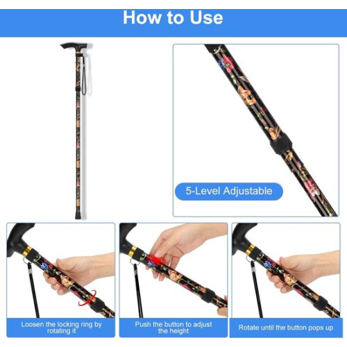 Lightweight Walking Stick - Foldable - Adjustable - Portable - Wrist Strap and T-Handle - Black Flowers 2