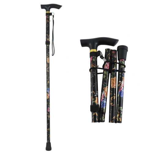 Lightweight Walking Stick - Foldable - Adjustable - Portable - Wrist Strap and T-Handle - Black Flowers