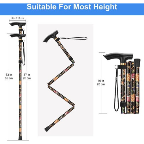 Lightweight Walking Stick - Foldable - Adjustable - Portable - Wrist Strap and T-Handle - Black Flowers 1