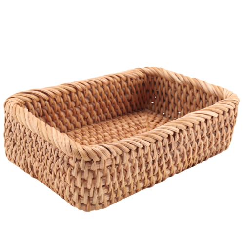 Hand-Woven Rectangular Rattan Wicker Basket Fruit Tea Snack Bread Picnic Cosmetic Storage Box Kitchen Household Tools-S 2