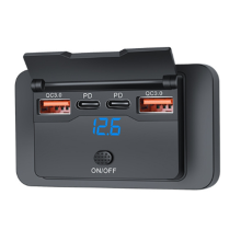 Cargador USB dual PD + QC3.0 dual de 4 puertos, 12 V, 108 W, con voltímetro digital, interruptor, toma de corriente, adaptador de panel