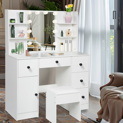 White Dressing Table & Mirror + Drawers Stool Vanity Makeup Set UK 1