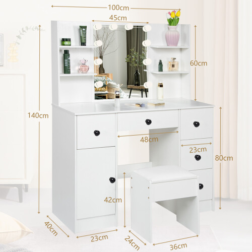 White Dressing Table & Mirror + Drawers Stool Vanity Makeup Set UK 2