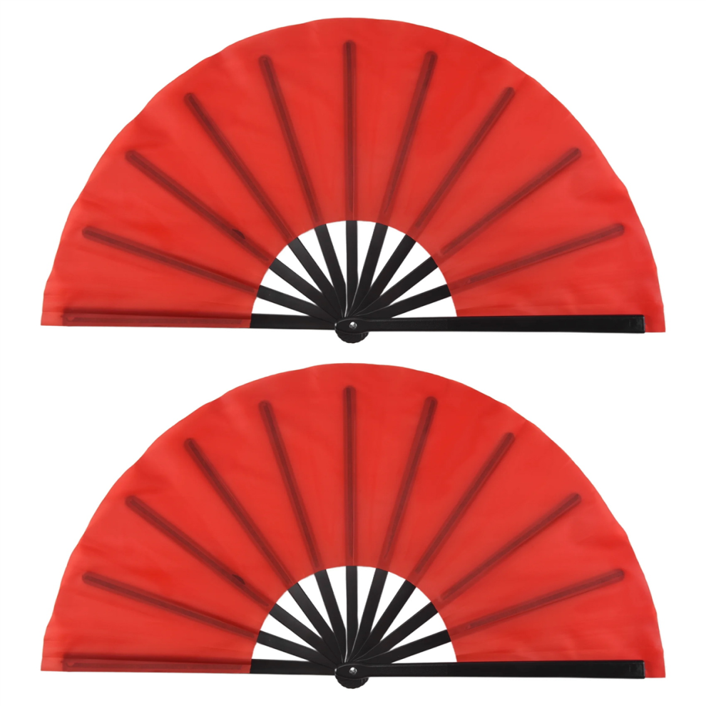 2 Pieces Large Folding Fan Nylon Cloth Handheld Chinese Tai Decoration Fold Hand For Party Favors (Red) Red 4852097291818