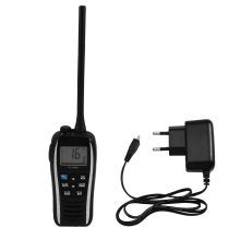 Walkie-talkie IC-M25, radio portátil flotante VHF impermeable para uso marítimo, pantalla LCD y enchufe europeo.