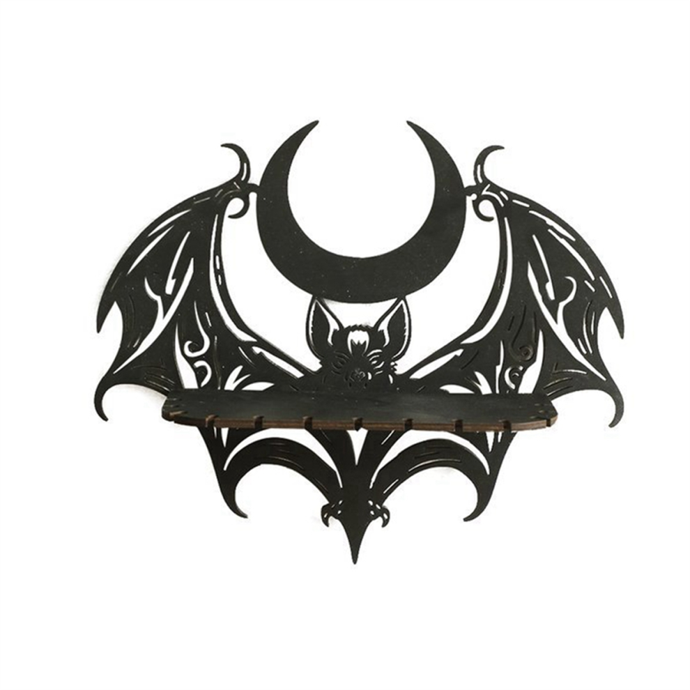 Black Wooden Wall Shelf Gothic Bat Moon Profiling Hollow Pattern Floating Crystal Holder Goth Witch Room Decor 4852097215616