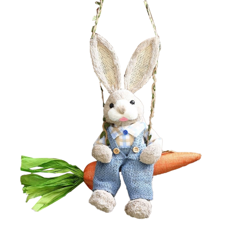 Easter Straw Bunny Figurine, On Carrot Swing, Statue Hanging Ornament For Holiday Home Decor B 4852514303803