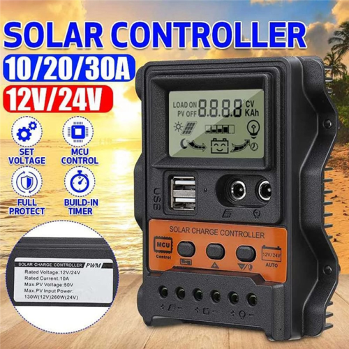 30A Solar Charge Controller 12V24V Panel Battery Regulator Auto 2 USB LCD Display Load Discharger 2