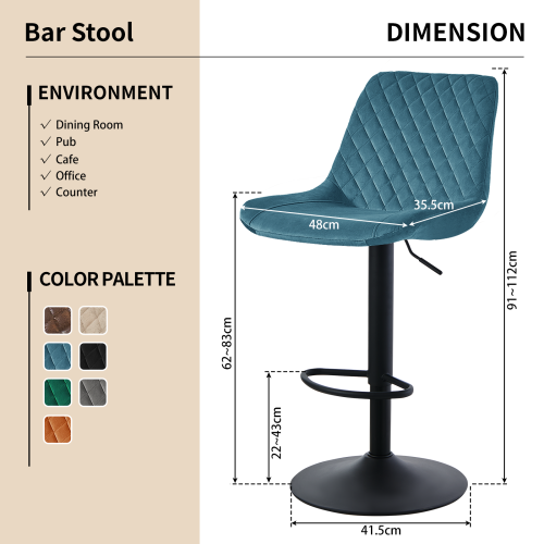 (1pc, TEAL)Single Bar Stools PU/ Velvet Breakfast Stool Chairs 1