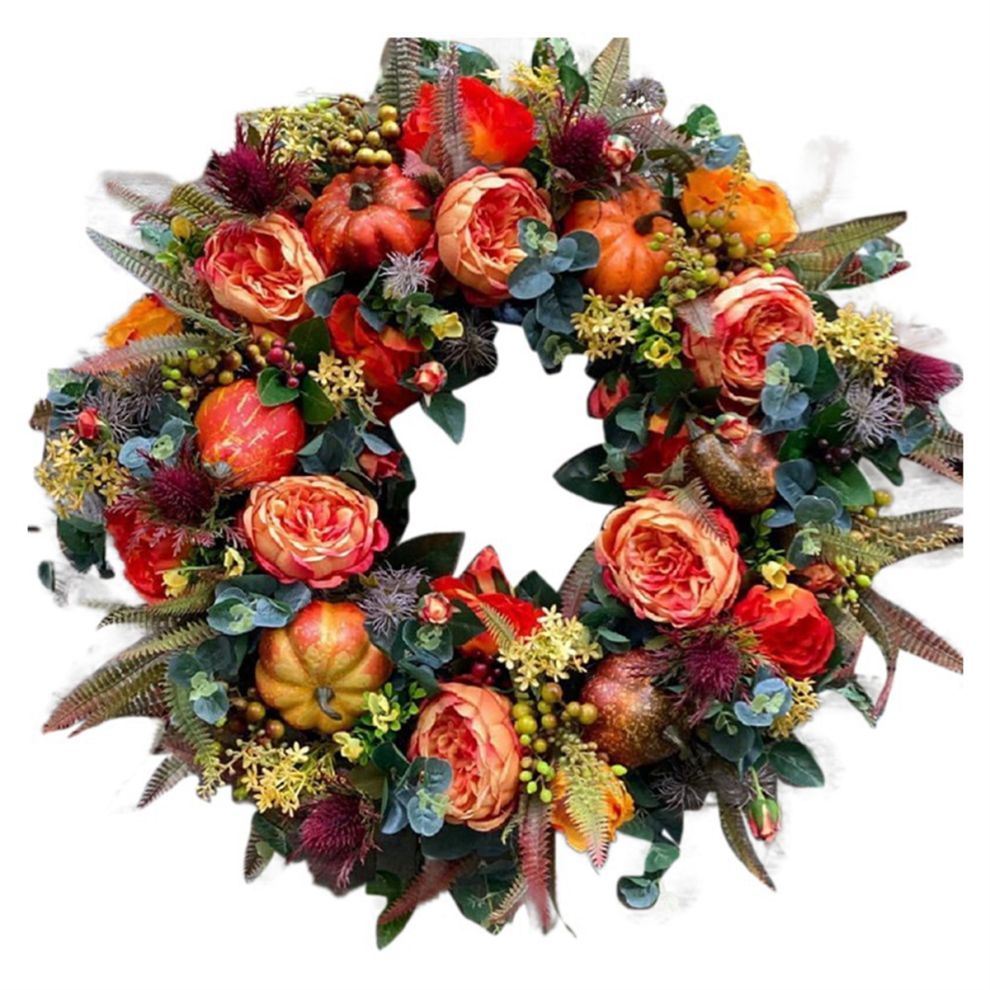 19.7-Inch Autumn Wreath Fall Wreaths For Front Door Outside,With Pumpkin Berries Suitable Halloween Thanksgiving Tauoh