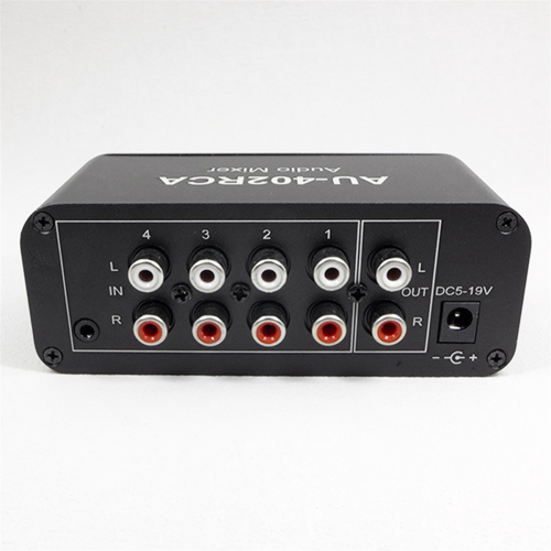 AU-402RCA Stereo Audio Mixer Multi-Channel Source Reverberator Volume Control 3.5mm Headphone Driver 4 Input 2